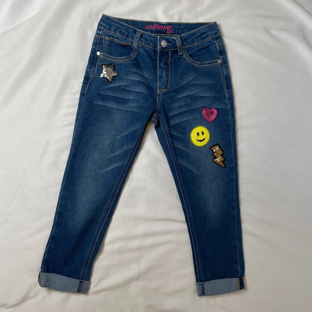Wallflower Girl's Size 8 Denim with Sparkly Appliques Medium Dark Wash